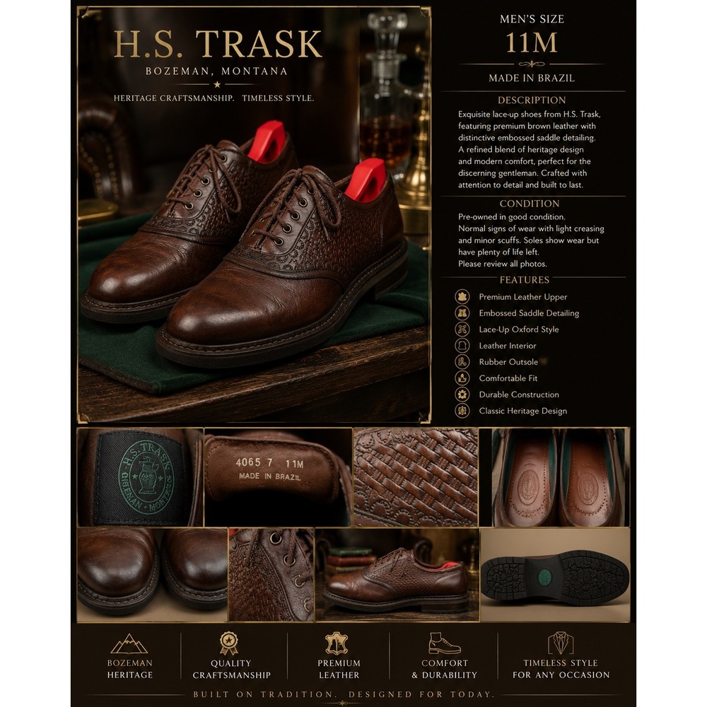 HS Trask Bozeman Montana Brown Bison Leather Saddle Shoes 4065 7 Mens 11M